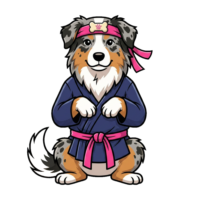PawNobi sensei — Australian shepherd in a navy gi