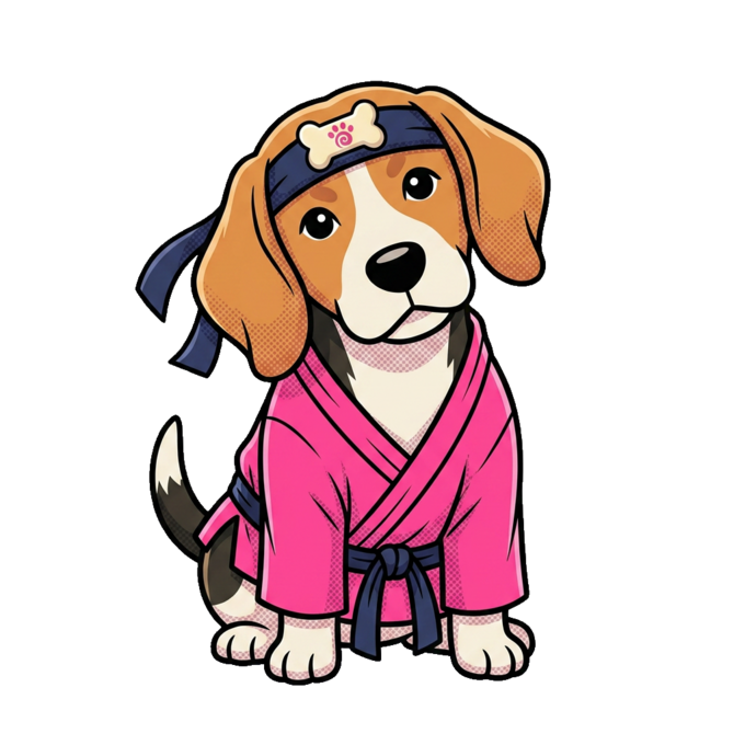 Doggie Dojo mascot — beagle in a pink gi