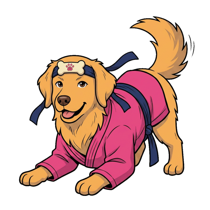 Doggie Dojo NYC mascot — golden retriever in a pink gi