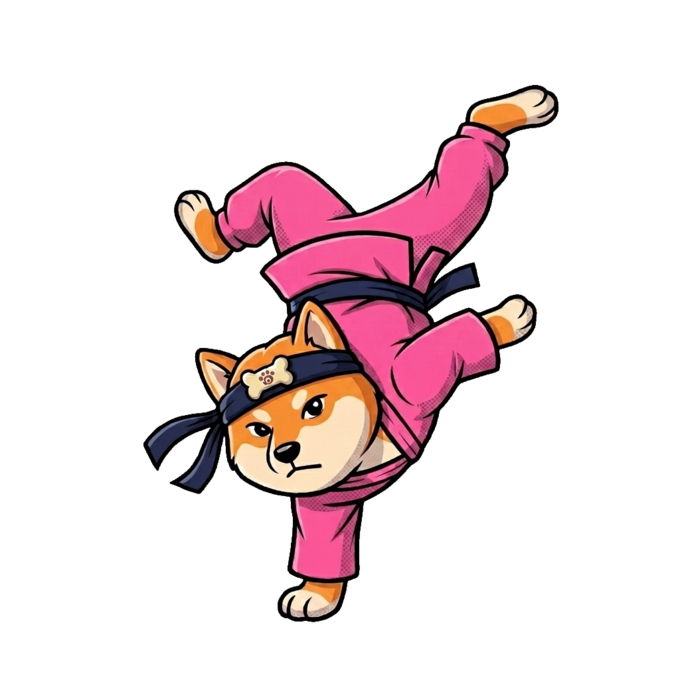 Doggie Dojo mascot — shiba in a pink gi doing a handstand